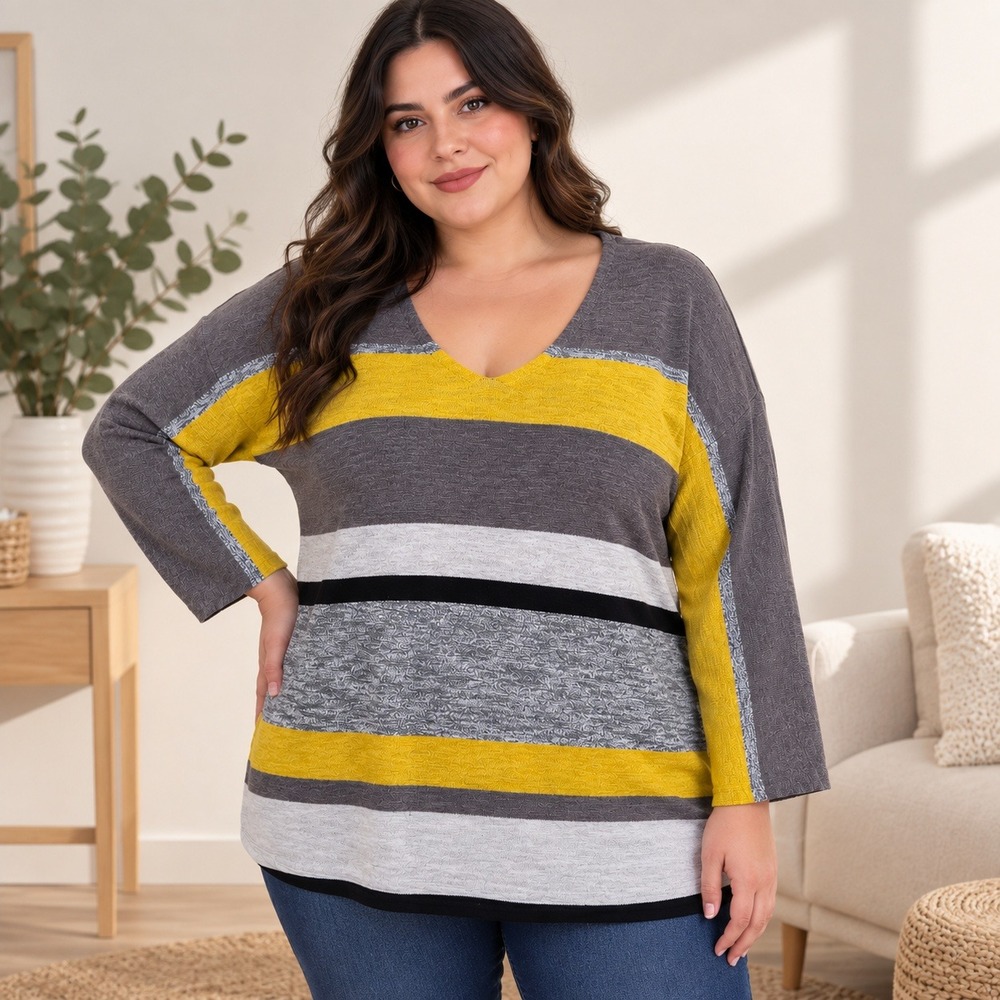 Chico's V-Neck Colorblock Stripe 3/4 Sleeve Knit Sweater Gray Size 3 XL